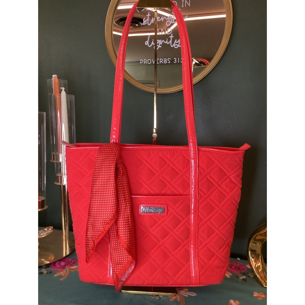 Vera Bradley Bright Red Quilted Tote Bag with Patent Accents and Scarf Detail